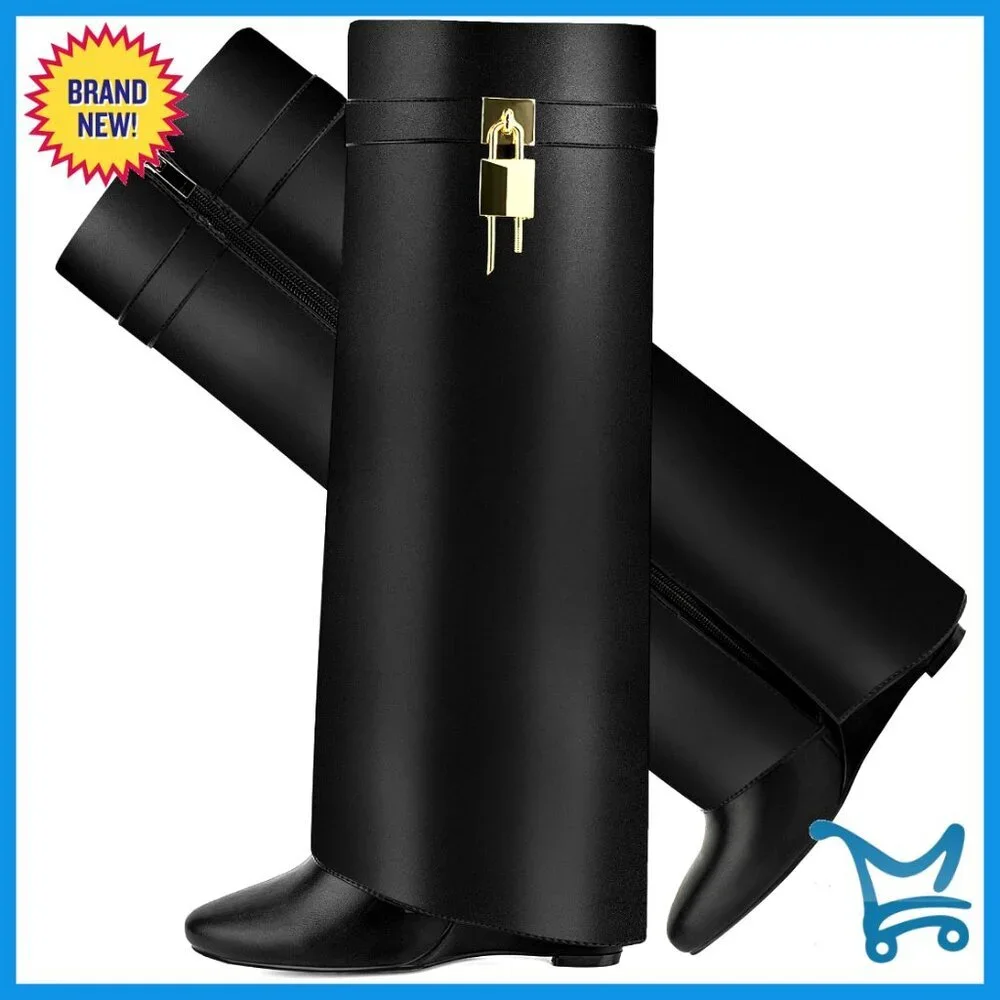 Black Pointed Toe Over-the-Knee Boots with Wedge Heel and Side Zipper